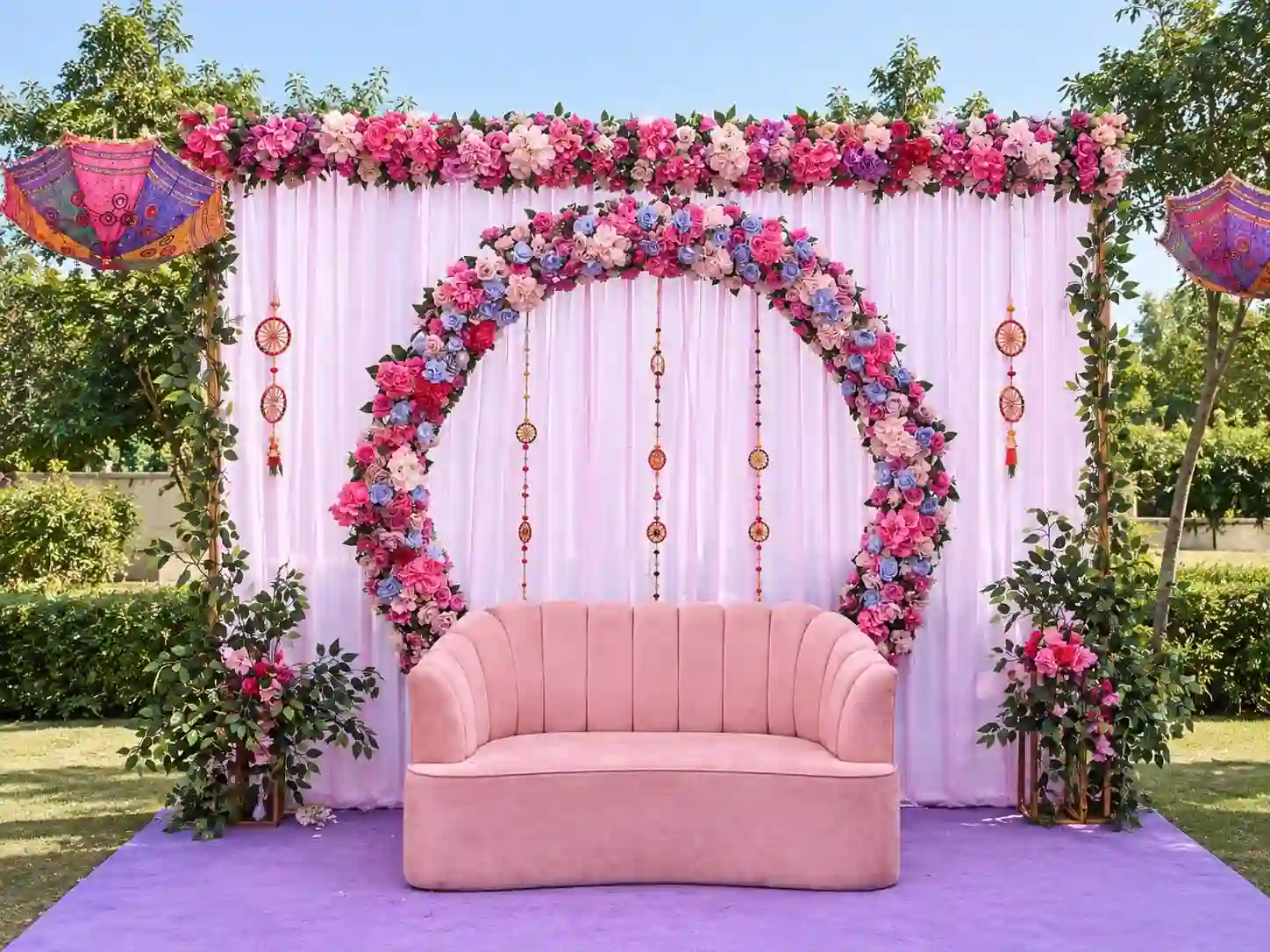 balloon decoration Lavender & Pink Floral Haldi Stage Setup 